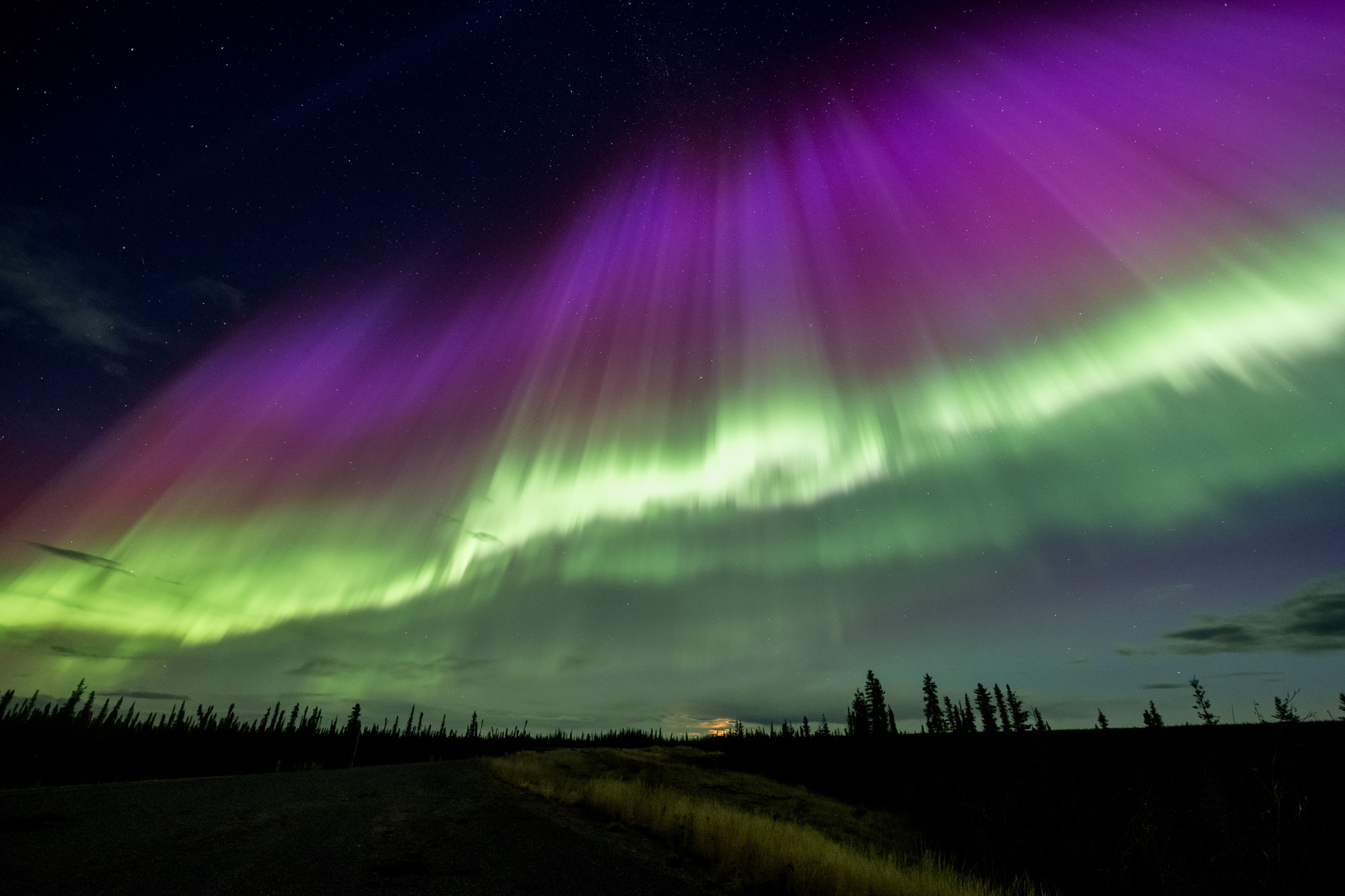 Wide aurora curtains in Alaska