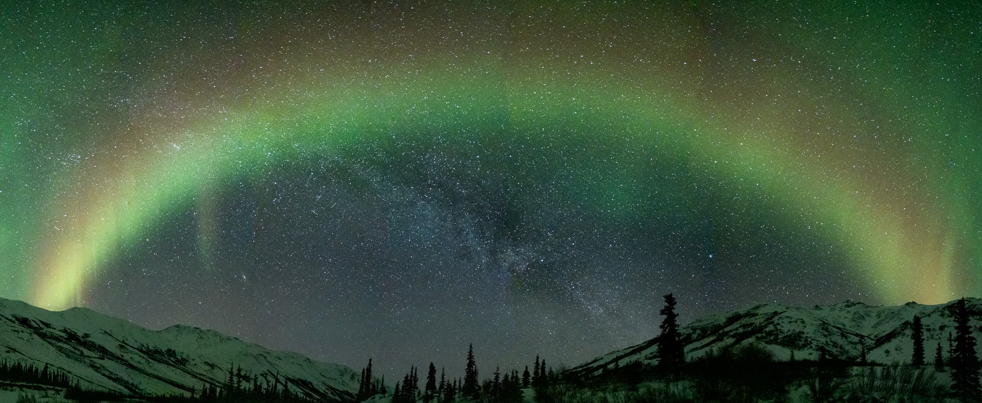 Aurora panorama with the Milky Way in Alaska